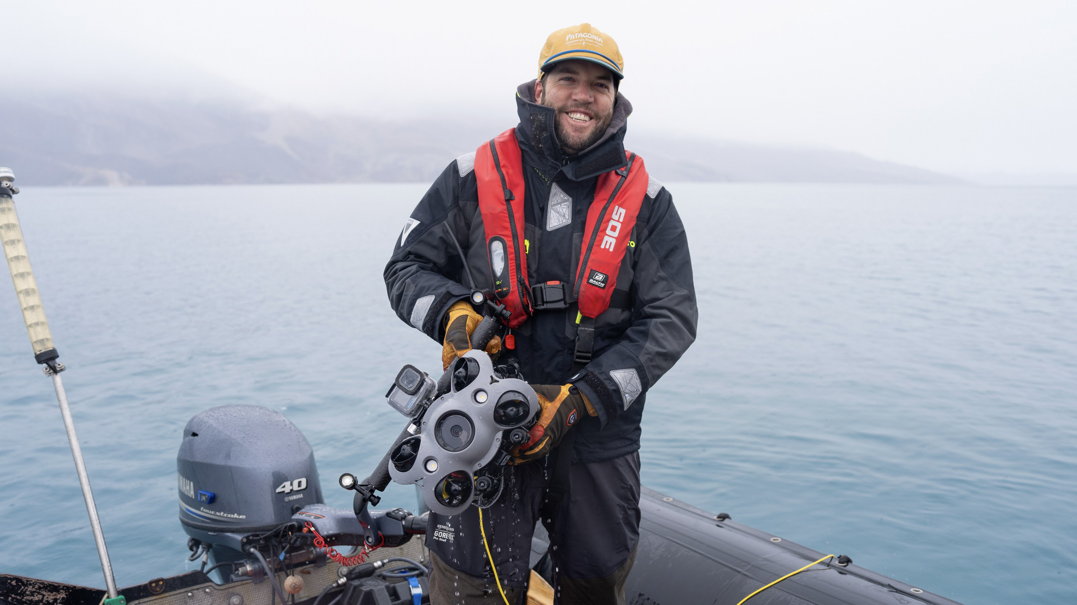 Tim Macdonald on zodiac with ROV in Svalbard with Secret Atlas