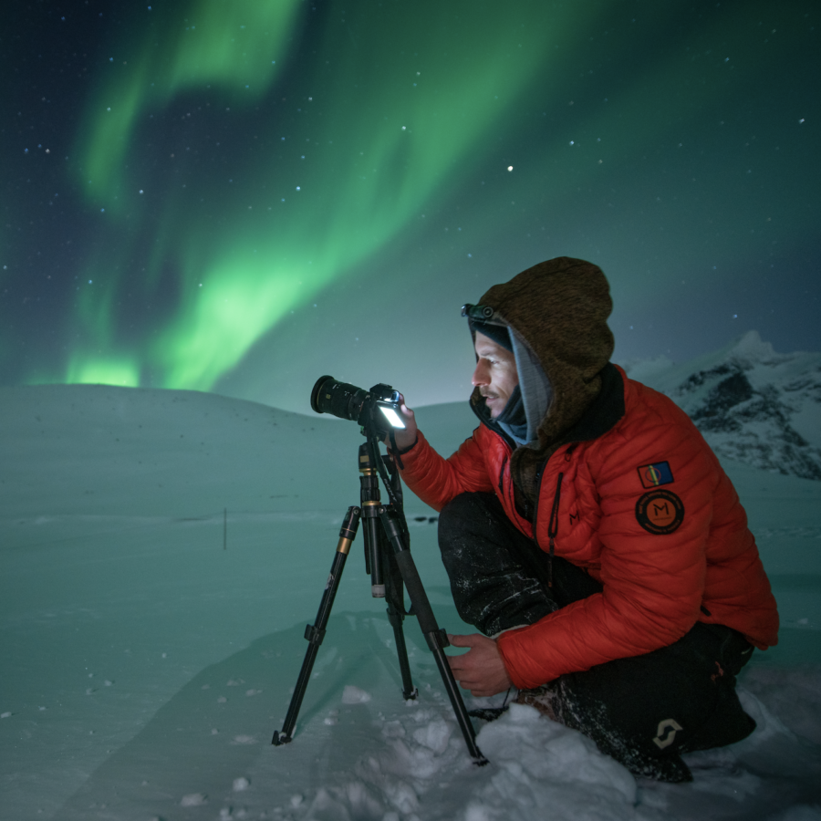 Virgil Reglioni taking photos of Northern lights Aurora borealis in Greenland